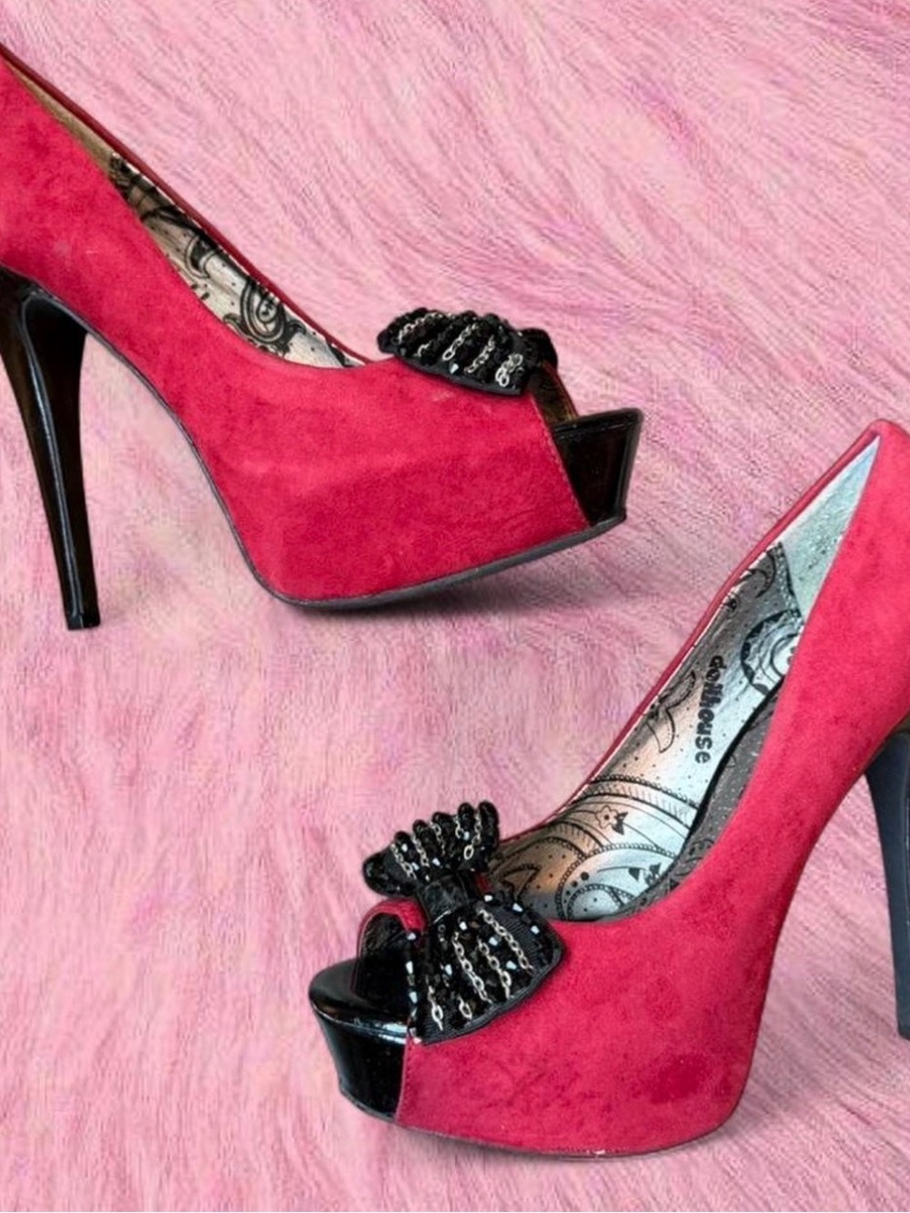 Dollhouse Pink-Red Suede Peep-Toe Platform Heels with Black Patent Bow